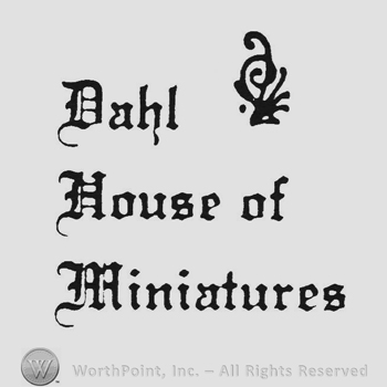 Stylish bold writing from top to bottom Dahl House of Miniatures and flower up and right