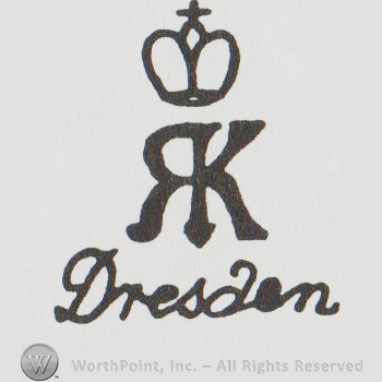 Crown with cross over uppercase entwined RK, Dresden handwritten below