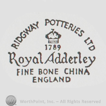 Ridgway Potteries Ltd written with uppercase letters over a crown and number 1789, Royal Adderley written with lowercase letters, Fine Bone China England written below with uppercase letters