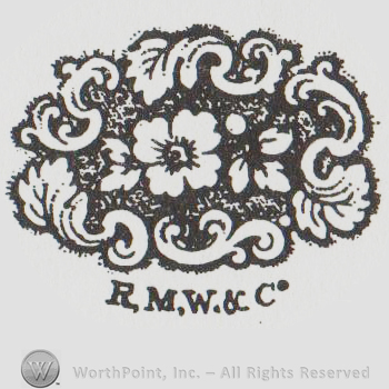 Ornamented cartouche with a flower in the center, uppercase R.M.W. & C. written below with uppercase letters