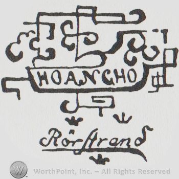 Hoancho written with uppercase letters on a complex line design logo, Rorstrand handwritten below with three stylized crowns around it, underlined