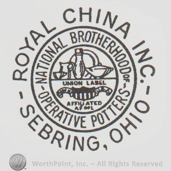 A Double circle with various ceramics inside the second circle  and the UNION LABEL and Shield for Affiliated AFL. In between the circles are the words NATIONAL BROTHERHOOD OF OPERATIVE POTTERS.  Forming a circle outside of the circles are the words ROYAL CHINA INC., and SEBRING OHIO. 