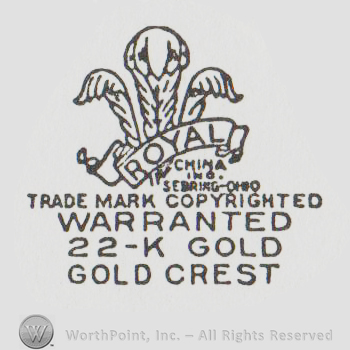 three feathers above a banner with "royal" AND THE TEXT china trademark copyrighted warranted 22 k gold gold crest