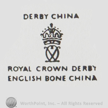 logo with a crown and "derby china royal crown english bone china"