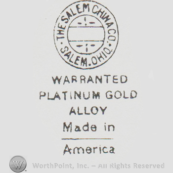round logo with "the salem china co salem ohio" above the text WARRANTED PLATINUM GOLD ALLOY MADE IN AMERICA