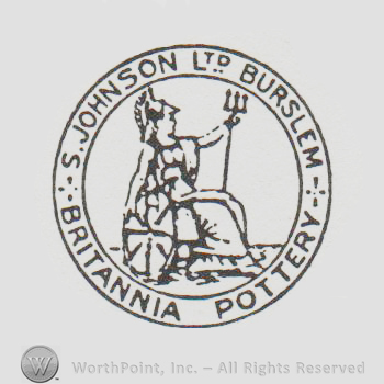 circle with a soldier that is sitting and holding a trident and the text S JOHNSON LTD BURSLEM BRITANNIA POTTERY