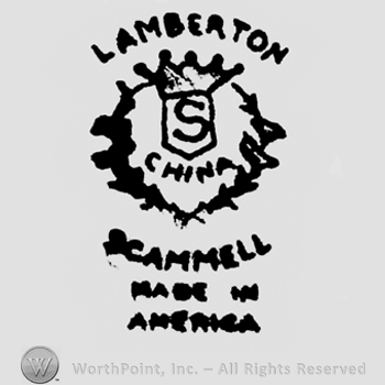 Lamberton written arched above a crown above an S in a frame above China written, inside a wreath, Scammell written arched under it, above  Made In America