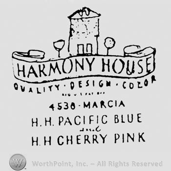 A door above a ribbon with Harmony House written on it, above Quality Design Color written above 4536 Marcia written above H.H. Pacific Blue written above H.H. Cherry Pink