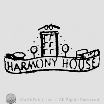 A door above a ribbon with Harmony House written on it