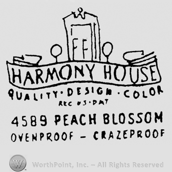 A door above a ribbon with Harmony House written on it, above Quality Design Color written above 4589 Peach Blossom written above Ovenproof Crazeproof