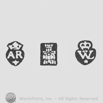 AR crowned, fleur-de-lys below and Castle and WL in monogram, crown above, mullet below