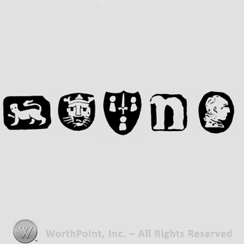 Lion passant and Leopard's head and Sword and date-letter n and Man's profile