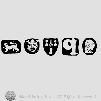 Lion passant and Leopard's head and Sword and date-letter q and Man's profile