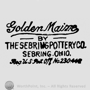 Golden Maine written above The Sebring Pottery Co. written above Sebring Ohio, written above Reg. U.S. Pat. Off. No 230442