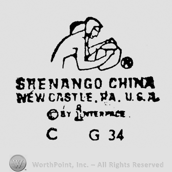 Sitting woman shape with a pot in her hands above Shenango China written above New Castle, Pa. U.S.A. written above By Interpace written above C G 34