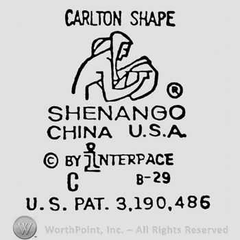 Carlton Shape written above Sitting woman shape with a pot in her hands above Shenango China U.S.A. written above Interpace written above C B-29 written above U.S. PAT. 3.190.486