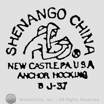Shenango China written arched above sitting woman shape with a pot in her hands above New Castle, Pa. U.S.A. written above Anchor Hockingn written above B J-37