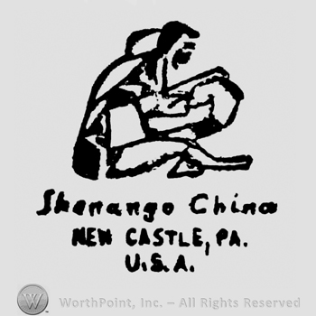 Sitting woman shape with a pot in her hands above Shenango China written above New Castle, Pa. written above U.S.A.