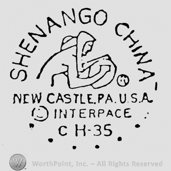 Shenango China written arched above sitting woman shape with a pot in her hands above New Castle, Pa. U.S.A. written above Interpace written above C H-35