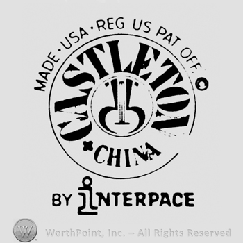 Made USA Reg US Pat Off written arched above an circle shape frame with Castleton written arched above China, and a harp in the middle