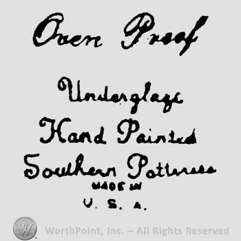 Oven Proof hand written above Underglaze hand written above Hand Painted hand written above Southern Potteries hand written above Made in U.S.A.