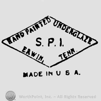 Hand Painted Underglaze written above S.P.I. written above Erwin, Tenn, all inside of a diamond shape frame, Made in U.S.A. written below it