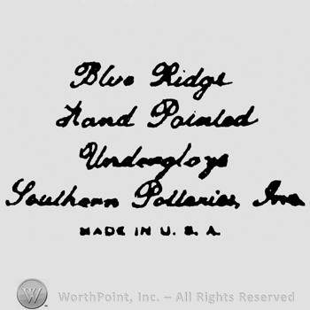 Blue Ridge hand written above Hand Painted hand written above Underglaze hand written above Southern Potteries Inc. hand written above Made in U.S.A.