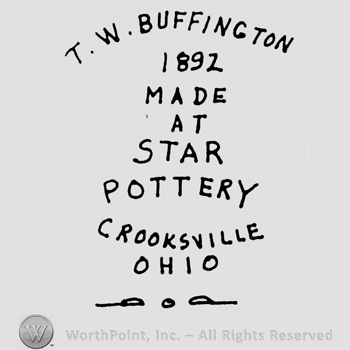 T.W. Buffington written arched above 1892 written above Made written above At written above Star written above Pottery written above Crooksville